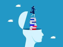 businesswoman standing on top of a stack of books in the head of a man vector