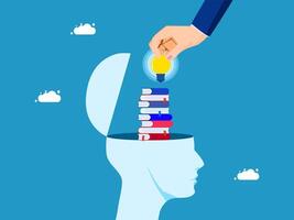 a hand is holding a light bulb over a stack of books vector