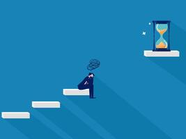 Time problem. Businessman sad about the gap between the stairs and the hourglass vector