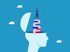 a man standing on top of a stack of books in the head of a person vector