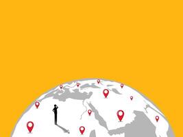 Businessman stands looking at world map pins, expanding branches, traveling, searching for new business opportunities vector