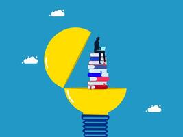 a person sitting on top of a pile of books in a light bulb vector