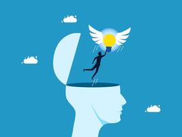 a man is flying out of the head with an idea light bulb vector