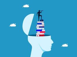 businessman is standing on top of a stack of books and looking through a telescope vector