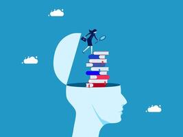 businesswoman is standing on top of a stack of books and a magnifying glass vector