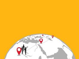Business team standing looking at world map pins, expanding branches, traveling, searching for new business opportunities vector
