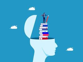 businessman standing on top of a stack of books and a brain with a brain icon vector