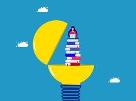 a person sitting on top of a pile of books in a light bulb vector