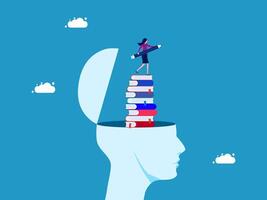 woman is standing on top of a stack of books vector