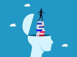 a man standing on top of a stack of books in the head of a person vector