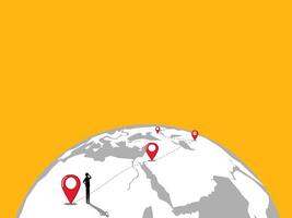 Businessman stands looking at world map pins, expanding branches, traveling, searching for new business opportunities vector