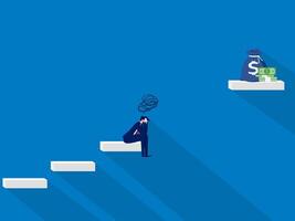 Big failure in business and finance. Sad businessman at the gap between the steps with bags of money vector