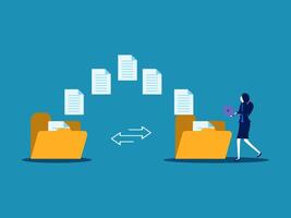 Businesswomen send documents over the Internet, back up data, exchange files in folders vector