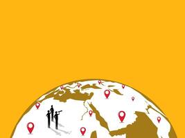 Business team standing looking at world map pins, expanding branches, traveling, searching for new business opportunities vector
