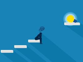 Knowledge problems. Sad businessman at the gap between the steps with light bulb vector