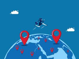 Expanding Branches. Relocation. Businesswoman jumps to new map pins. vector