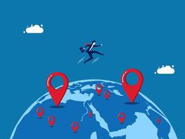 Expanding Branches. Moving office to new address. Businessman jumps to new map pins. vector