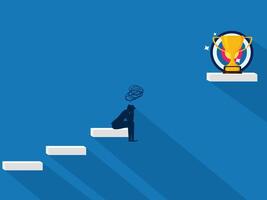 Failure. Businessman sad about the gap between the stairs and the trophy vector