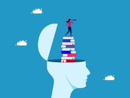 a person standing on top of a stack of books and looking at a brain vector
