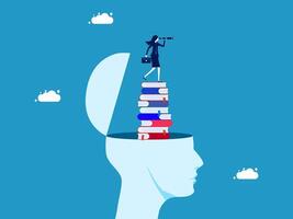 woman is standing on top of a stack of books and looking through a telescope vector