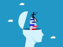 a man standing on top of a stack of books and looking through a telescope vector