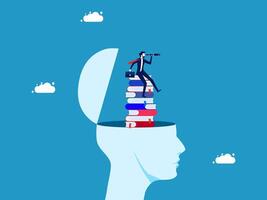 businessman on top of stack of books and looking through telescope vector