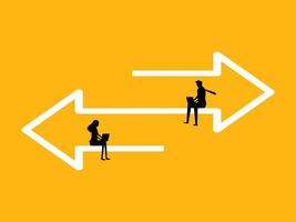 Exchange and communication, opposite decisions. two Businessman on arrow transferring data vector