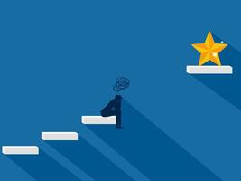 Not reaching the stars, the businessman is sad about the gap between the stairs and the star vector