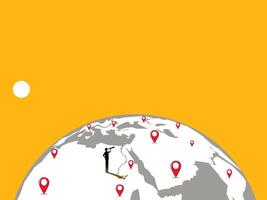Businessman stands looking at world map pins, expanding branches, traveling, searching for new business opportunities vector
