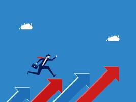 Challenge concept. Development, progress. Businessman running on the arrow that grows up the stairs vector
