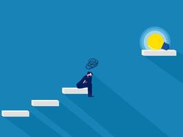 Not reaching the knowledge level. Sad businessman at the gap between the steps with light bulb vector