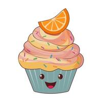 Capcake with fruit cream and berries. A collection of delicious cupcakes. Cherry and orange cupcake with colored sprinkles. Isolated on white background. vector