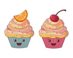 Set of cupcakes with fruit cream and berries. Collection of delicious cupcakes. Cherry and orange cupcake with colored sprinkles. Isolated on white background. vector