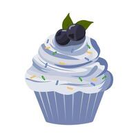 Blueberry cupcake with blueberry cream and berries, colourful sprinkles, illustration on white background vector