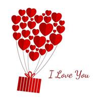 Valentine's Day, everyone in love Red balloons with many hearts flying upwards with a gift Text with declaration of love illustration for greeting card, banner, poster on isolated backgrounds vector