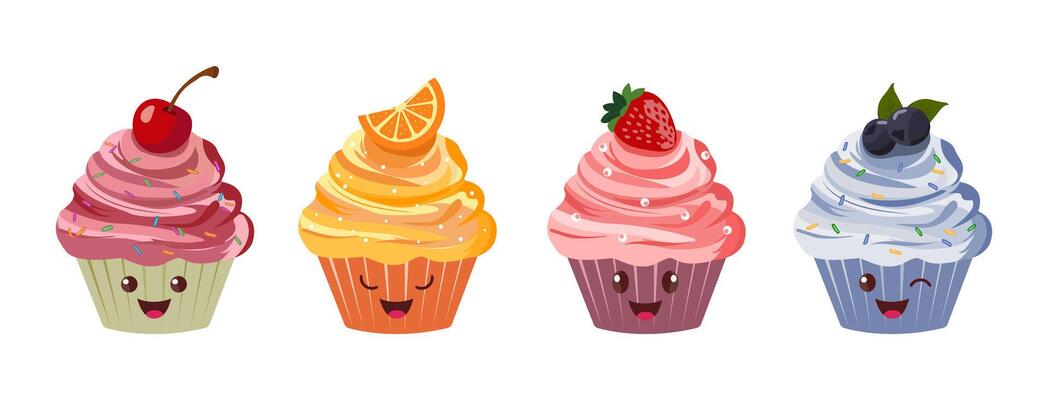 Set of delicious fruit cupcakes with emotions Strawberry, orange, cherry and blueberry. illustration of dessert. Icons, stickers Isolated on white background.