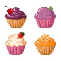 A set of cupcakes with different fillings. Collection of delicious cupcakes. Cupcake with cream, pink cream, cherry, strawberry. . Isolated on white background vector