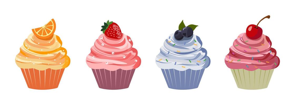Set of delicious fruit cupcakes with cream and dope Strawberry, orange, cherry and blueberry. illustration of dessert. Icons, stickers Isolated on white background