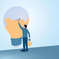 A man paints a picture of a bulb on a wall with idea paint. Illustration for creating new ideas, creation and problem solving. vector