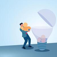 A man carries many idea lamps to put into bulb. Illustration for creating new ideas, creation and problem solving. vector