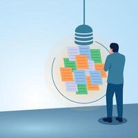 A man looks at many notes attached to a bulb. Illustration for creating new ideas, creation and problem solving. vector