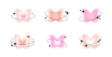 Aesthetic butterfly collection with blurry effect in y2k style. Modern abstract aura shapes in pastel colors vector