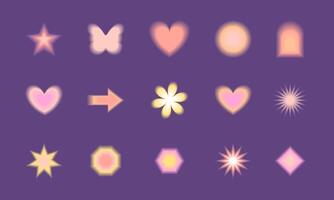 Aura star, heart, flower, butterfly and other gradient abstract shapes in y2k style with blurred effect on violet background vector