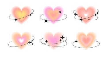 Cute pastel abstract aura hearts in y2k style. Trendy gradient shapes, figures with blurry effect vector