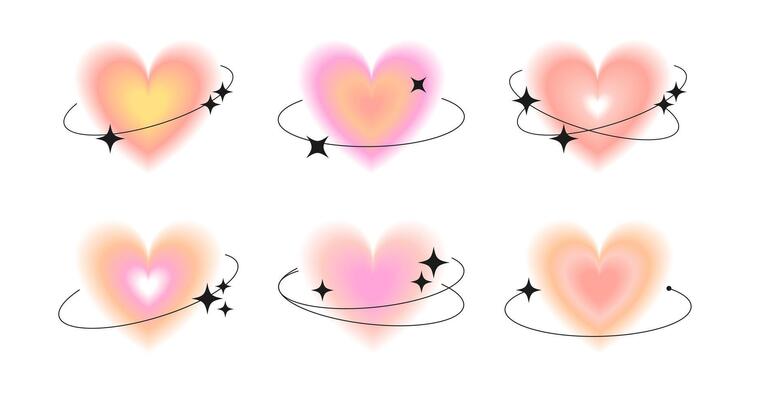 Cute pastel abstract aura hearts in y2k style. Trendy gradient shapes, figures with blurry effect