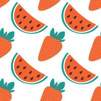 Whole strawberry and watermelon slices with seed Seamless Pattern. Summer berries background concept. Isolated illustration Wallpaper, wrapping or web promo leaflet background, cards, banner vector