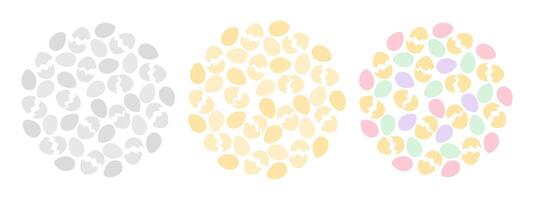 Eggs and Cracked eggshell Circular Backgrounds colorful, golden and grayscale Set 3. Easter backdrop. Isolated illustration Thematic cards, prices, label or web promo banner, leaflets, booklet vector