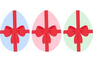 Colorful Easter Eggs with red ribbon bow. Easter greeting festive design elements concept Set 3. Isolated illustration Thematic cards, posting or web promo leaflets, banner, price tag, labels vector