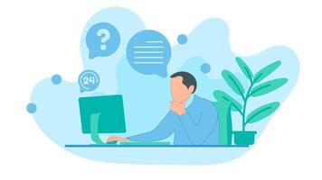Customer service in front of the computer screen. illustration in flat style vector