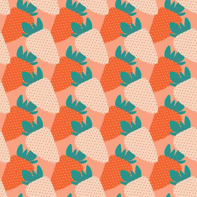 Red and white strawberry with leaves Seamless pattern in trendy shades. Summer fruit background idea. Isolated illustration Wallpaper, wrapping or web promo Thematic or menu cards backdrop, tag